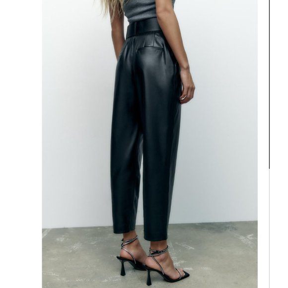 NWT ZARA BELTED FAUX LEATHER PANTS black - Picture 4 of 7